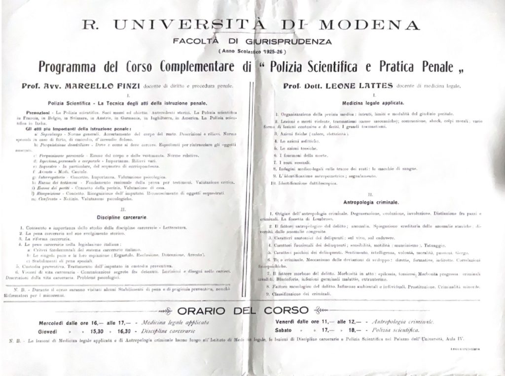«Programma del Corso Complementare di “Polizia Scientifica e Pratica Penale”» per gli anni 1925-1926 ARCHIVIO STORICO DELL’UNIVERSITÀ DEGLI STUDI DI MODENA, Rettorato, 7b, Corso di Polizia Scientifica e pratica penale (1926)
