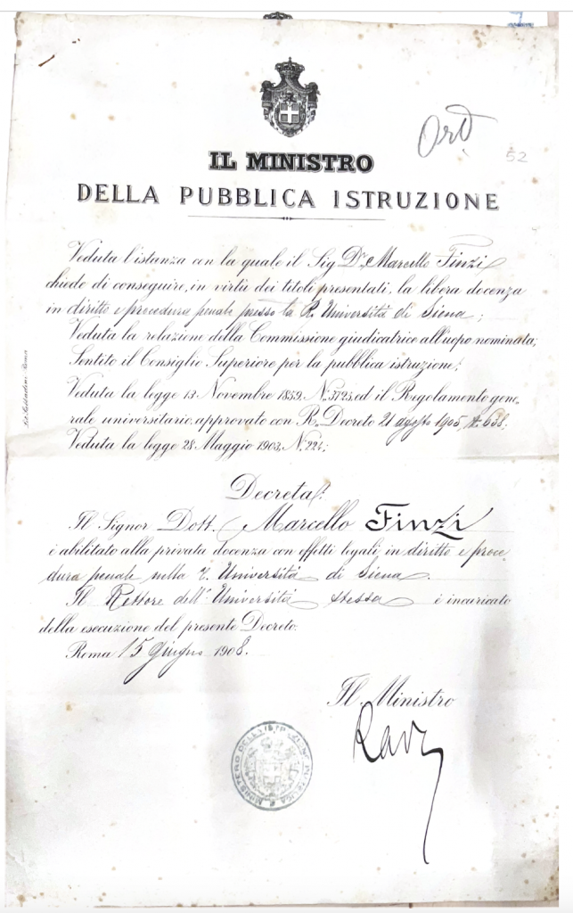 Decreto di autorizzazione alla libera docenza per Marcello Finzi