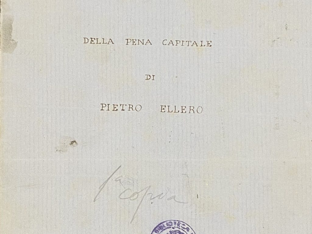 Particolare del frontespizio manoscritto dell’opera Della pena capitale, contenuto nella raccolta di manoscritti Trattati criminali (1875).