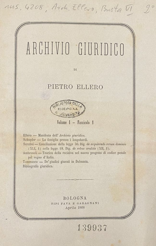 Frontespizio della rivista Archivio giuridico