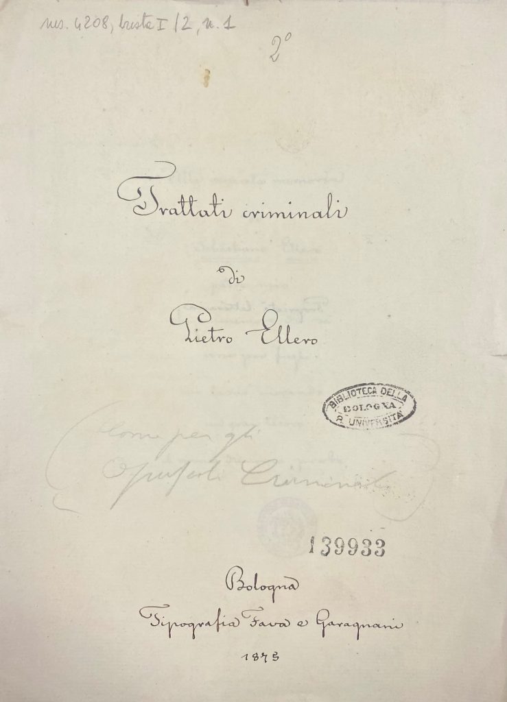 Frontespizio manoscritto dell'opera Trattati criminali