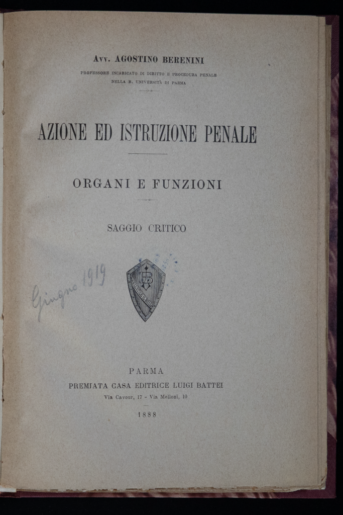 Frontespizio dell'opera Azione ed istruzione penale