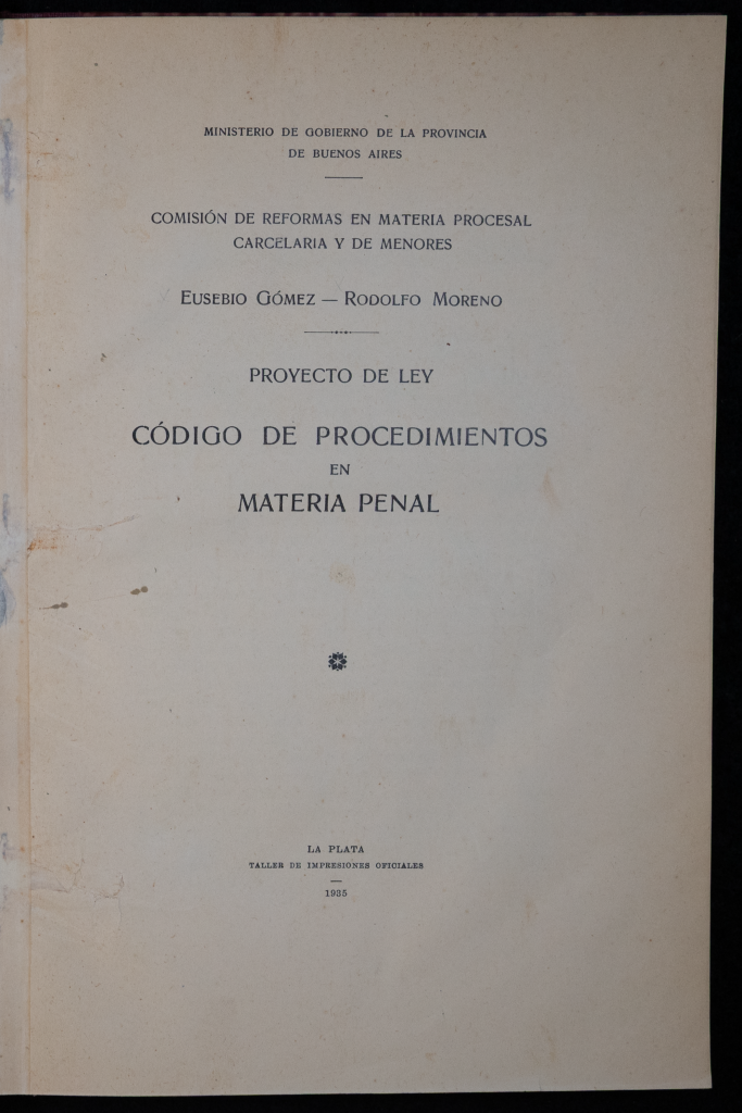 Frontespizio dell'opera Proyecto de ley. Codigo de procedimientos en materia penal