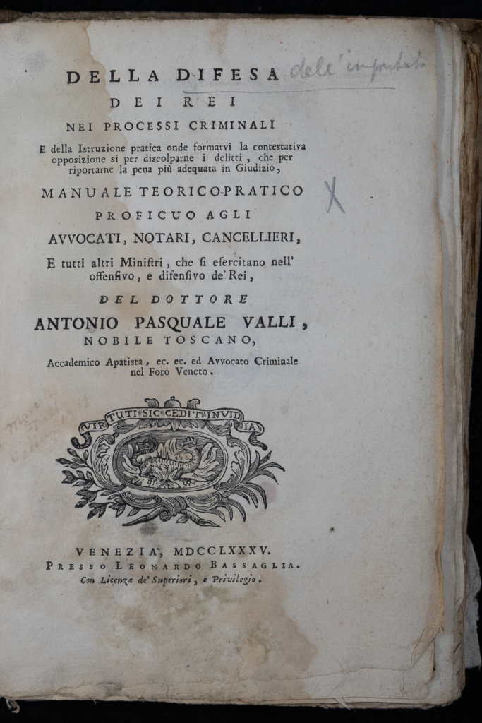 Frontespizio dell'opera Della difesa dei rei