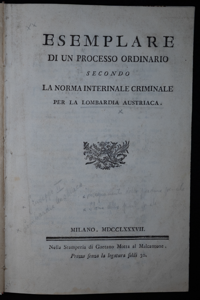 Frontespizio dell'opera Esemplare di un processo ordinario secondo la norma interinale criminale