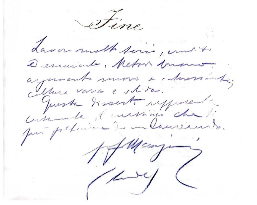 Giudizio di Vincenzo Manzini in calce alla tesi di Marcello Finzi