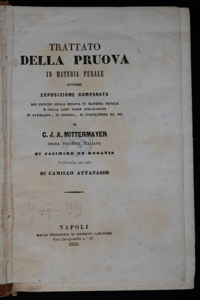 Frontespizio dell'opera Trattato della pruova in materia penale