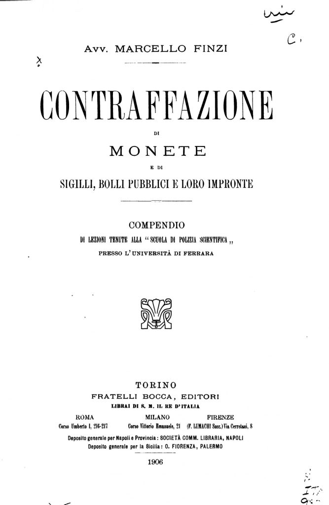 Frontespizio dell'opera Contraffazione di monete e di sigilli