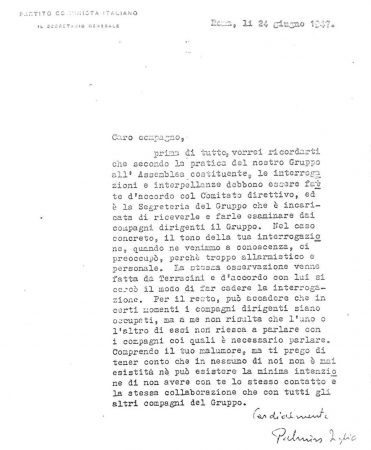 Istituto Gramsci Siciliano, Giuseppe Montalbano, b. 1, fasc. 8, Lettera di Palmiro Togliatti a Giuseppe Montalbano (24 giugno 1947) Lettera di Palmiro Togliatti a Giuseppe Montalbano