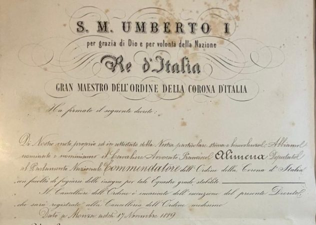 Archivio Alimena, Cosenza Decreto di nomina di Francesco Alimena a Commendatore dell'Ordine della Corona d'Italia