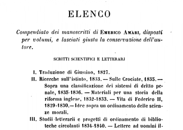 F. MAGGIORE-PERNI, Di Emerico Amari e delle sue opere. Saggio letto all’Accademia di Scienze, Lettere ed Arti a 18 dicembre 1870, Palermo, Morvillo, 1871, p. 104 Elenco dei manoscritti di Emerico Amari