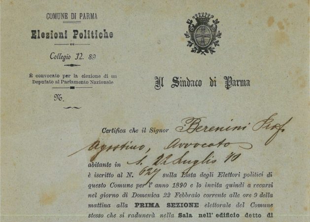 Archivio storico del Comune di Parma, Agostino Berenini, b. 11, Attività politica I, f. 2 Elezioni politiche, n. 2 Certificato elettorale di A. Berenini per le elezioni politiche del febbraio 1891 Certificato elettorale di Agostino Berenini